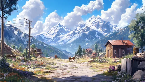 Sunlit mountain village path with wandering deer and wildflowers.