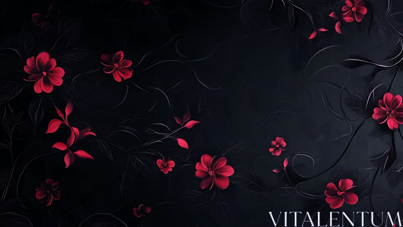 Red Flowers Against Black Background with Decorative Vines.