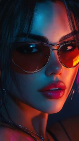 Neon siren in ember shades, gazing through electric hush.