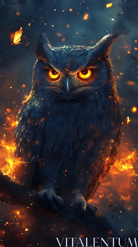 Ember-eyed night owl crowned in drifting sparks of fire.