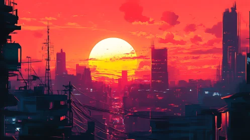 Neon skyline engulfed by colossal cyberpunk sunset glow.
