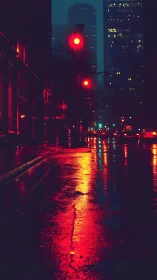 Rain-soaked city street glows under red traffic lights