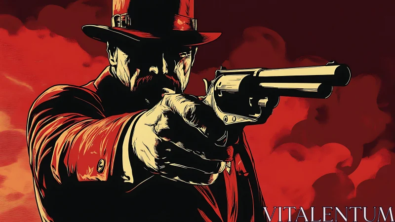 Ballistic focalization of revolver-wielding gunslinger silhouette.