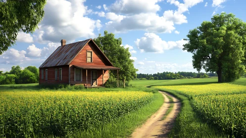 Photorealistic rural farmhouse amid flowering fields at sunrise.