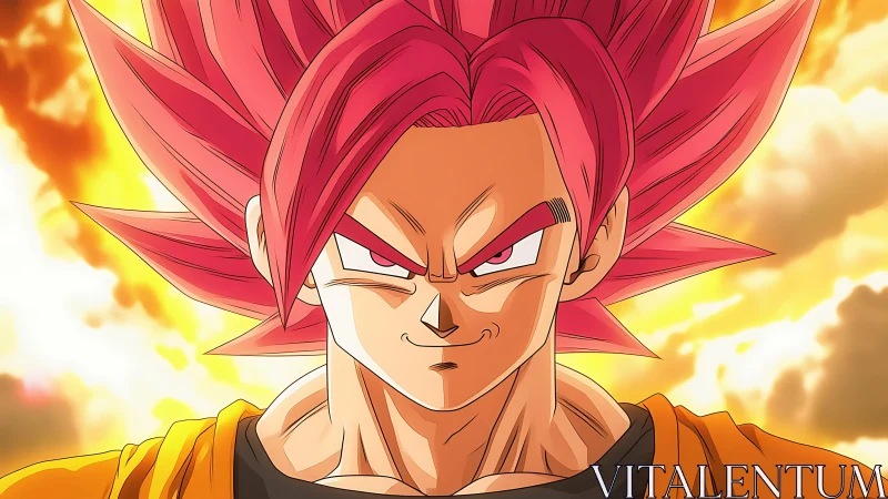 Red haired anime fighter stares forward against glowing sky