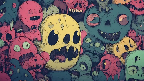 Clustered cartoon skull creatures in dense abstract crowd.