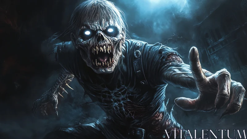 Sinister undead stalker reaching through eerie blue fog.