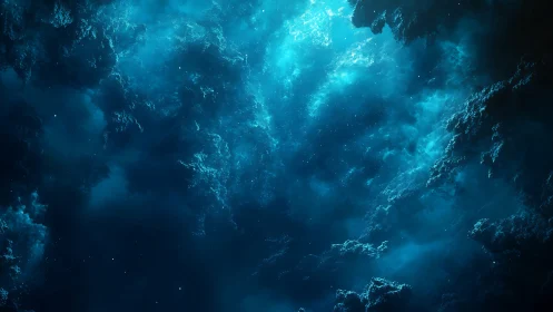 Blue nebula cloud field with glowing star-like specks.