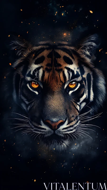 Tiger face close-up with glowing eyes on dark background.