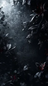 Dark glossy foliage frames textured misty background