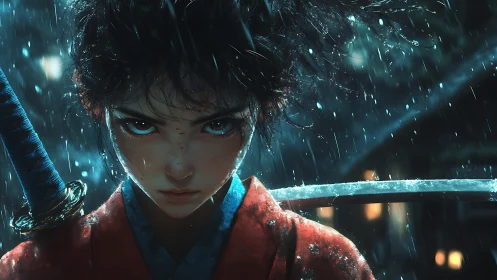 Fierce samurai girl confronts the storm with unwavering resolve
