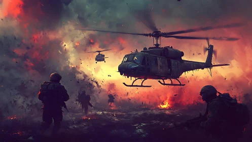 Helicopter insertion over burning battlefield under dense smoke plume