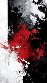 Textured red black white abstract forms create vertical tension