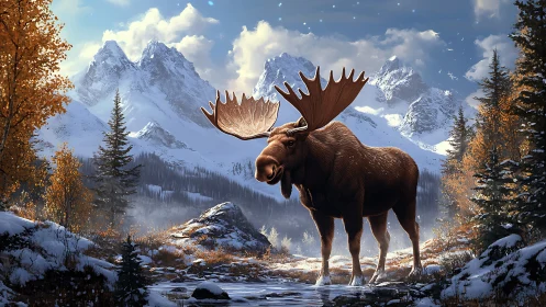 Bull moose stands in snowy alpine valley under cold sun.