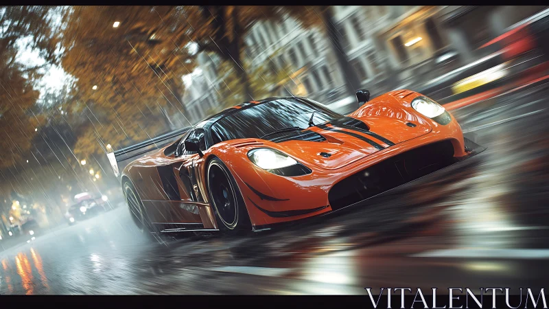 Orange supercar powers through rainy city streets at speed.