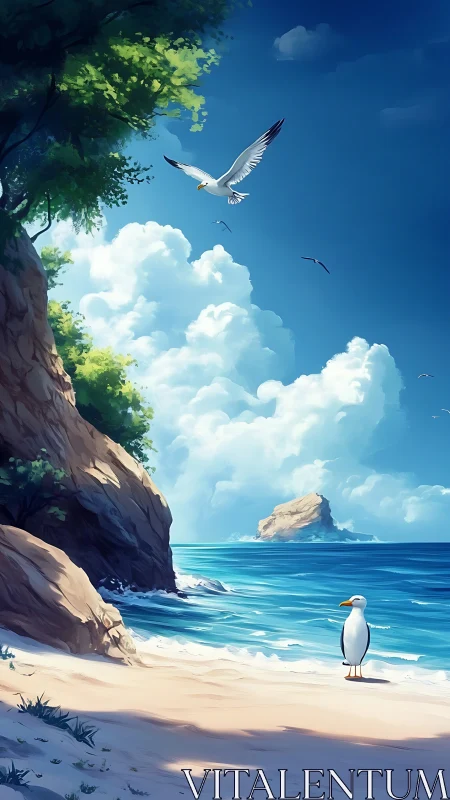 Coastal Scene with Seabirds and Cliff Formation