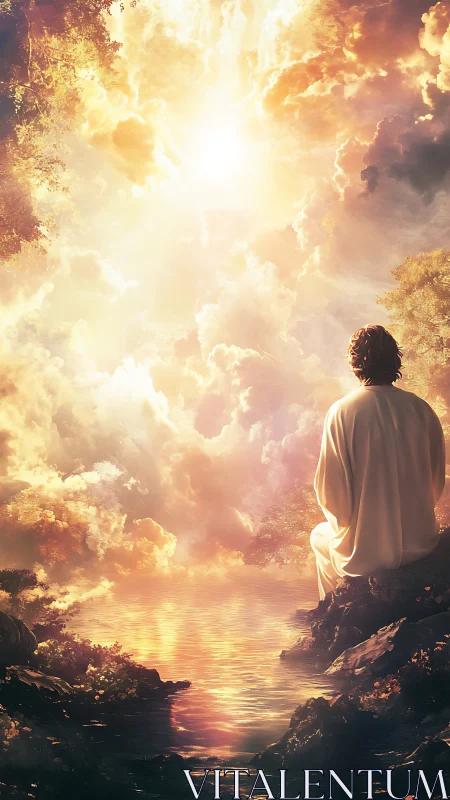 Solitary robed figure gazes toward radiant celestial light.