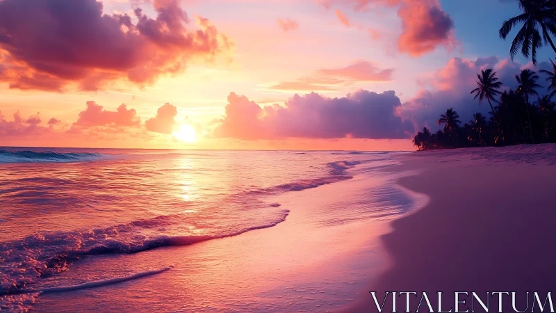 Radiant tropical shoreline under vivid sunset glow.