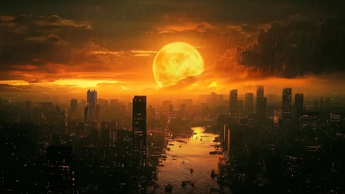 Cinematic cyberpunk cityscape under colossal river moon at dusk.