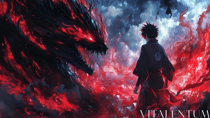 Volumetric inferno beast confronting cloaked anime conjurer.