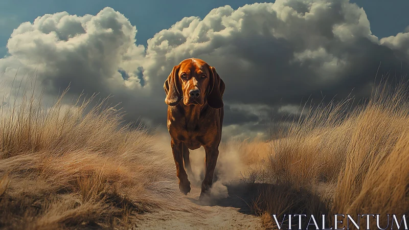 Golden trail runner dog under dramatic summer clouds.