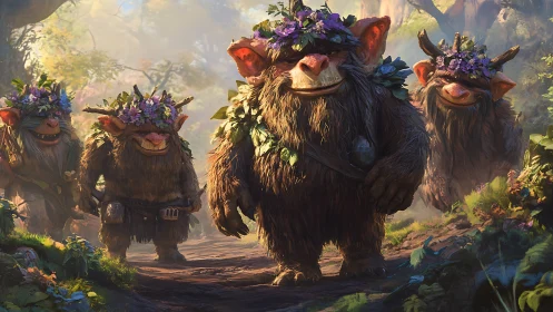 Woodland troll parade crowned in wildflower forest finery.