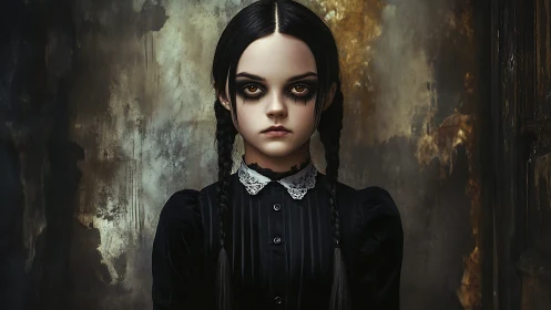 Gothic braided girl against distressed textured wall portrait.