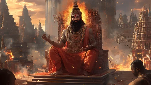 Fire-crowned temple monarch amid crumbling ember citadels.