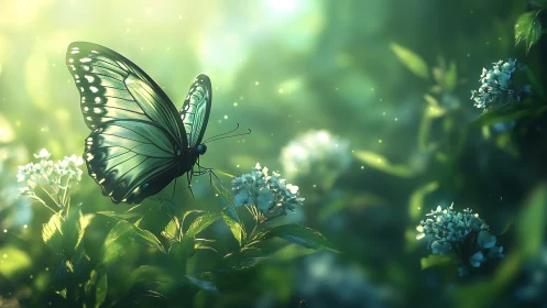 Emerald butterfly resting on dewlit flowers in soft bokeh field.