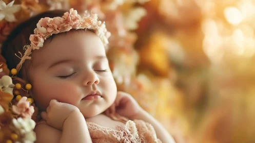 Sleeping Infant with Floral Crown in Golden Ambient Light.