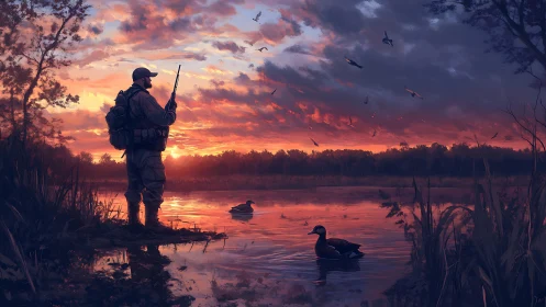 Wetland hunter silhouetted against stratified dusk skyscape.