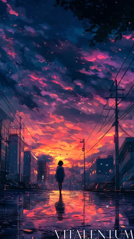 Girl stands on wet city street under vivid sunset sky.