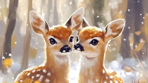 Two young deer stand close together in a snowy forest
