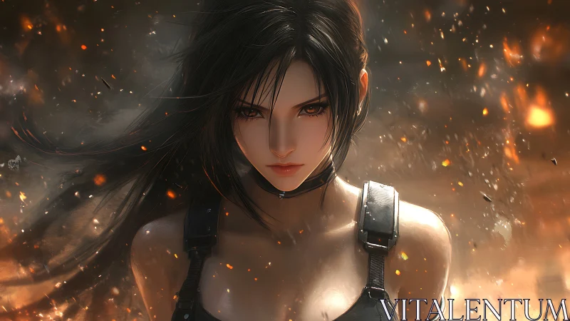 Female figure stands amid sparks in high-detail anime render