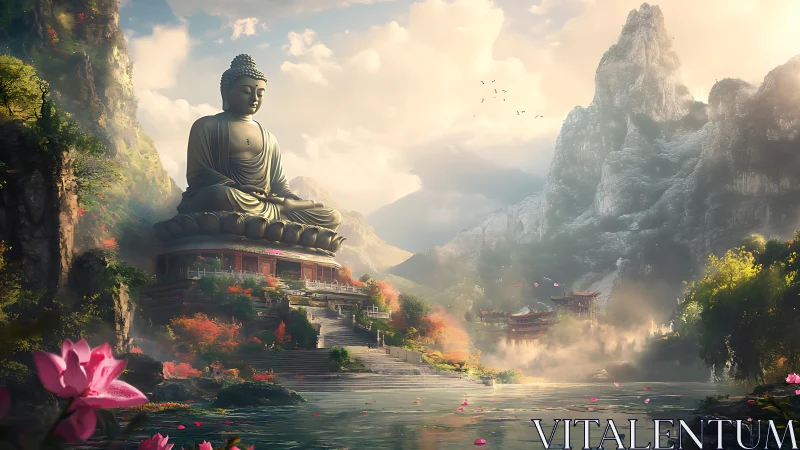 Mountain Buddha statue overlooks misty lotus valley.