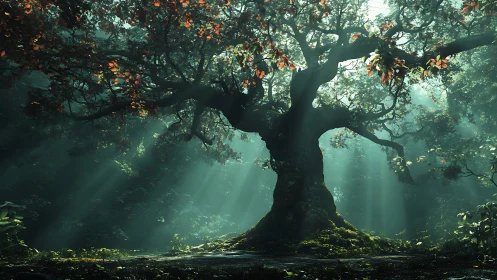 Ancient tree in misty forest setting with filtered light