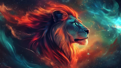 Cosmic lion profile with nebular mane in vibrant bicolor glow.