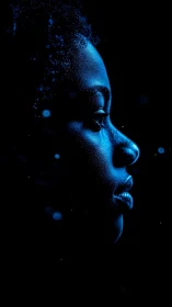 Blue side-lit portrait isolates serene human profile. Period.