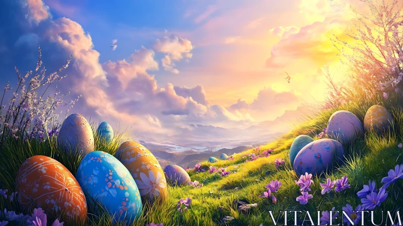 Colorful Easter eggs on bright spring hillside at sunrise
