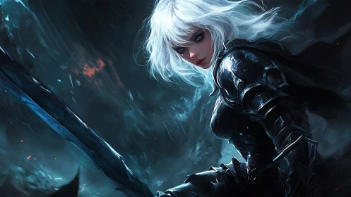 White haired female knight holds sword in dark battle scene.