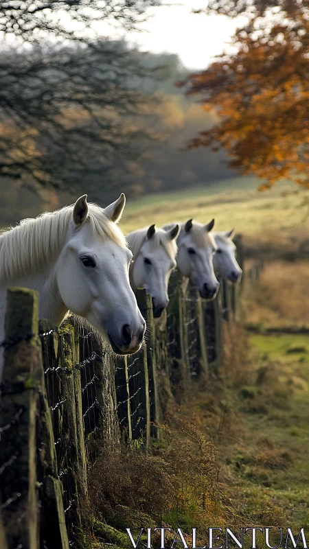 Four white horses along rustic fence in autumn meadow.