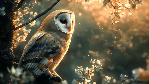Serene Barn Owl in Blooming Forest at Sunrise, Photorealistic Art.