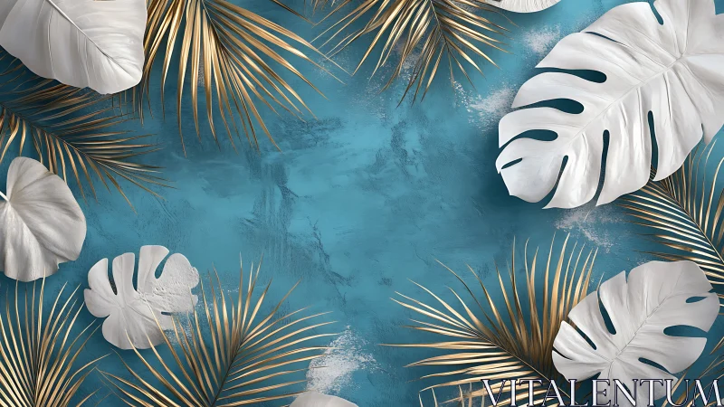 White monstera leaves frame textured turquoise background