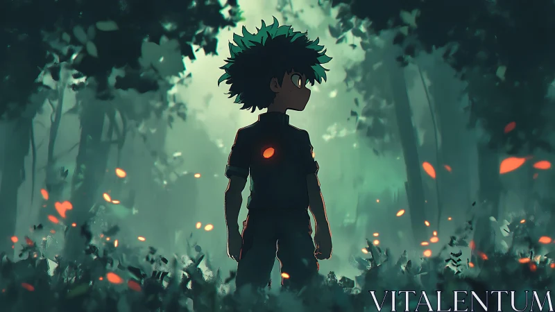 Silhouetted boy stands in glowing emberlit forest dusk.