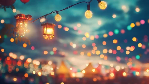 Festival lantern string lights over colorful night bokeh.
