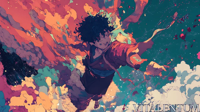 Kinetic ascent through nebular clouds in dynamic anime illustration.