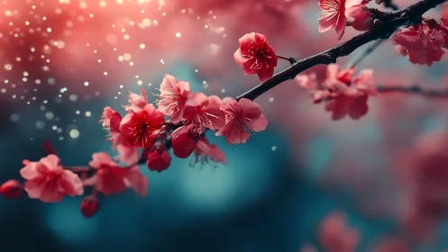 Red Blossoms on Dark Branch with Bokeh Light Particle Rendering