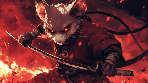 Samurai mouse warrior with katana in blazing red battle