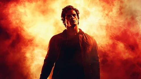 Man stands against intense orange firelit background.