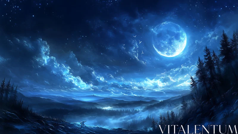 Digital night landscape depicts moonlit forested valley